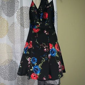 Floral black dress with red and blue flowers